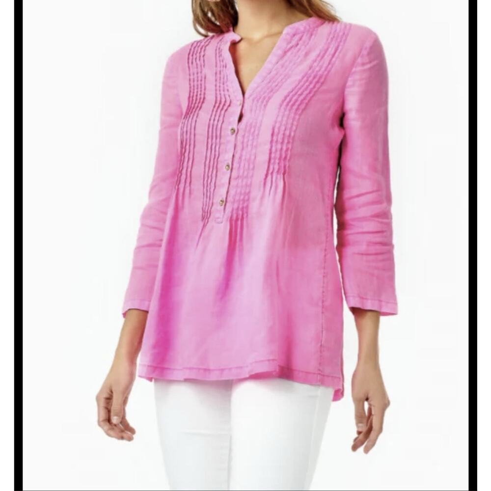 Lilly Pulitzer Blouse Womens XL Pink Linen Henley Tunic 3/4 Sleeve Boho Top